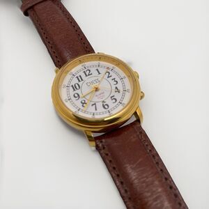 Vintage Guess Watch Women Gold Tone w Alarm White Dial Brown Leather Band 1990